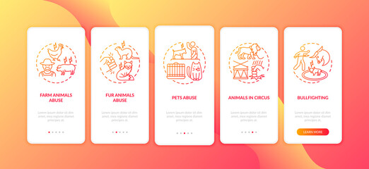 Animal abuse red onboarding mobile app page screen with concepts. Cruelty for entertainment. Wildlife harm walkthrough 5 steps graphic instructions. UI vector template with RGB color illustrations
