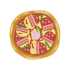 Pizza with cheese, bacon, pepper and salami. Top view. Italian food design. Vector illustration.