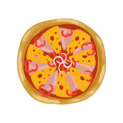 Pizza with cheese, ham and pepper. Top view. Italian food design. Vector illustration.