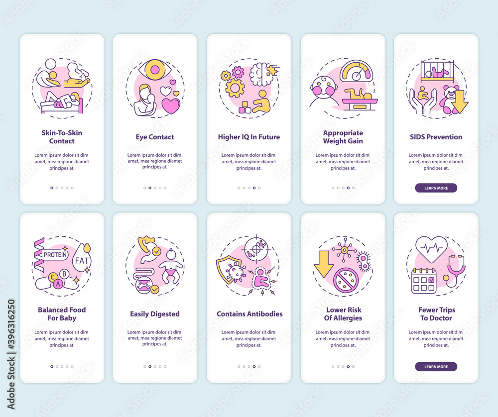 Poster breastfeeding and baby food onboarding mobile app page screen with concepts set. higher iq in future