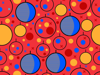 Christmas ball ornaments seamless pattern in 80s style, geometric shapes. Great for brochures, promotional material, wrapping paper and wallpapers. Vector illustration