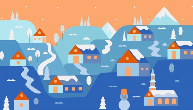 Flat design winter village landscape horizontal houses mountains illustration background 