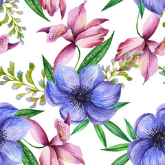 seamless pattern with flowers, seamless leaf, palm, tropics, exotic plants, flowers, orchid