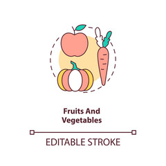 Fruits and vegetables concept icon. Healthy breastfeeding diet. Giving only organic foods to your newborn child idea thin line illustration. Vector isolated outline RGB color drawing. Editable stroke