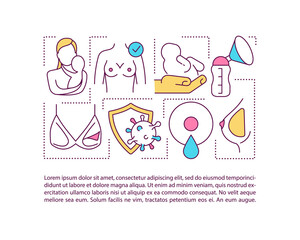 Breastfeeding concept icon with text. Nursing clothes. Babies and young children feeding. Woman breast. PPT page vector template. Brochure, magazine, booklet design element with linear illustrations