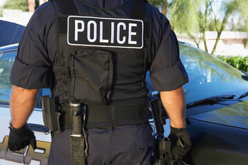 Policeman In Uniform Standing Against Car
