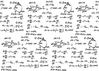 The calculation of the trajectory of a missile. Physical equations and formulas on whiteboard. Vector hand-drawn seamless pattern.