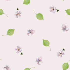 Seamless pattern with  leaves and flowers on milk background.