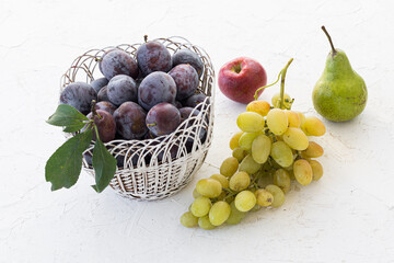 Just picked plums and grapes in wicker basket on white backdrop.