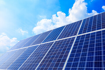 Solar power panels and natural landscape in sunny summer, Asia