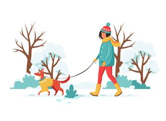 Woman walking with dog. Winter outdoor activity. Vector illustration.