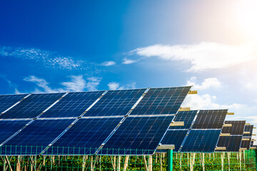 Solar power panels and natural landscape in sunny summer, Asia