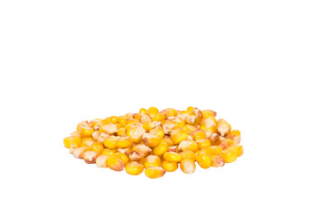 Corn grains are scattered in a handful on an isolated white background
