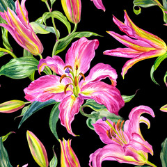 Fototapeta premium Pink lily seamless pattern on black background, watercolor illustration, print for fabric, wallpaper, wrapping paper, home furnishings decor and other designs