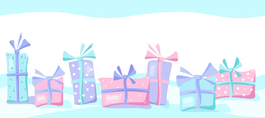 Fototapeta premium Gift Boxes with a bow. Holiday and birthday gifts cartoon banner. Christmas, new year, Valentine day or anniversary. Vector isolated objects for your design. Lots of presents in flat style.