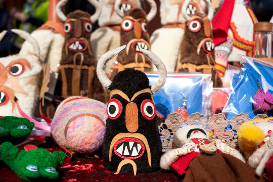 Kukers - pagan ritual figures for frightening evil spirits. Traditional Bulgarian souvenirs. Kukers day - ancient Bulgarian ritual carnival. Folk festivals and masquerades in Bulgaria