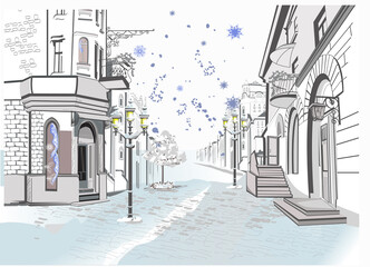 Hand drawn colorful vector Illustration of the romantic street in winter. Christmas greeting card. 