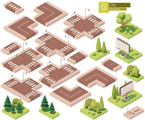 Vector isometric city street parts. Roads, crossroads, lawn, trees and bushes. Isometric city or town map construction elements