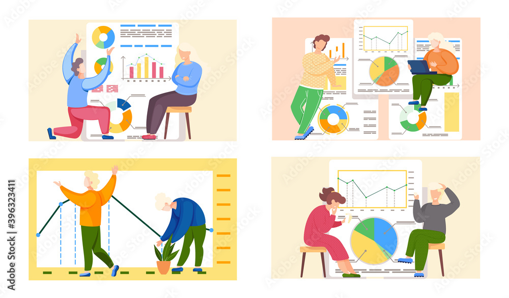 Aufkleber set of illustrations on the theme of data analysis. group of people is working with statistical grap