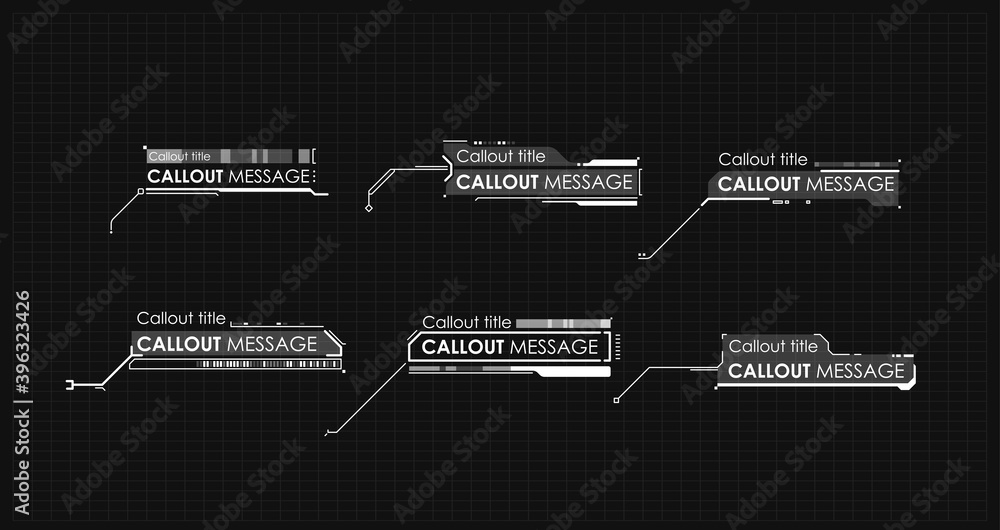 Poster callouts titles in hud style. interface elements, ui, gui. info boxes hud templates vector.
