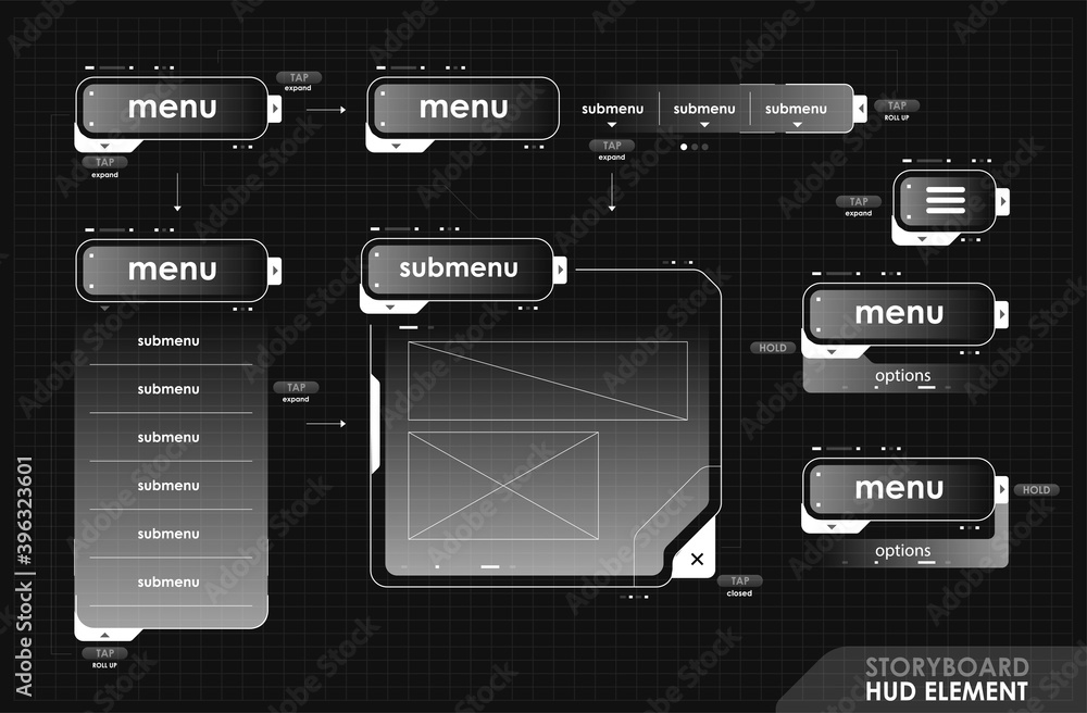 Poster futuristic hud frames for ui, interface storyboard in futuristic style. elements for animating the n