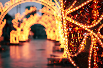 Christmas lights on empty street in european town. Blurred bokeh background copy space