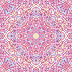 Vector hand drawn doodle mandala flowers. Ethnic Illustration on doodle style. Pink colors.