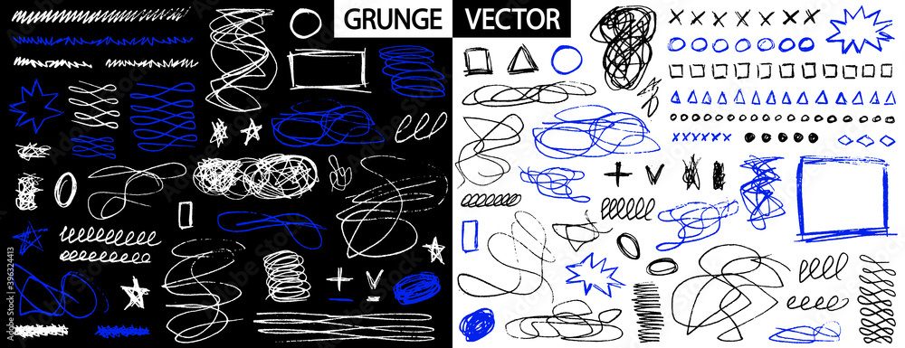 Poster grunge scribbles collection. big set of small quirky doodles. pencil effect strokes. pen sketches de