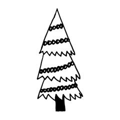 Decorated Christmas tree illustration. Doodle outline drawing isolated on white background. New Year celebration, winter season. Festive plant, holiday symbol