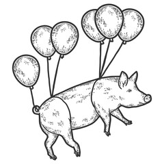 Circus, a pig flies on balloons. Engraving raster illustration. Sketch scratch board imitation.