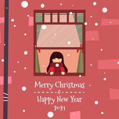 Merry Chrismast and Happy New Year! Winter vacation vector illustration: little girl watching snow from the window of the house. Images for postcards, posters, cards and backgrounds.