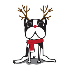 Merry Christmas and Happy New Year. Boston terrier dog and Reindeer design. For t shirt, greeting card or poster design Background Vector Illustration.