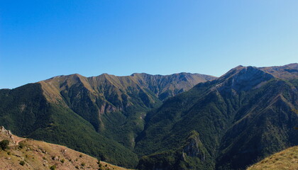 Mountain peaks on Mountain Bjelasnica in autumn, with cloudless blue skies in the background. Next to the old Bosnian village of Lukomir.