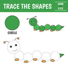 Learn geometric shapes  - circle. Preschool worksheet for practicing motor skills. Caterpillar of geometric shapes. Tracing dashed lines. Vector illustration