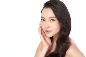 Fototapeta premium Beautiful young asian woman with clean fresh skin on white background, Face care, Facial treatment, Cosmetology, beauty and spa, Asian women portrait
