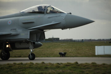 Pilot sitting in Typhoon fighter jet ready for take off 
