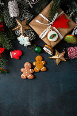 Overhead view of Christmas decorations and cookies