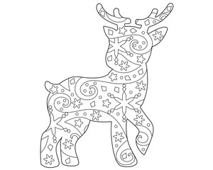 Deer - coloring book antistress - vector linear illustration for coloring outline. Deer is an element of winter, Christmas coloring with snowflakes, stars and snow.