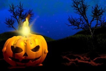 Halloween vivid haunting dark backdrop - pumpkin candle on left and free space on right, celebration concept - background design template 3D illustration