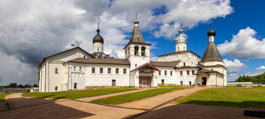 Panaramic view to ancient Ferapontov Belozersky male monastery of XV century. Complex of temples Located on the shore of the Borodaevsky Lake. Russian Orthodox Church. Kirillov. Vologda Region. Russia