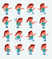 Cartoon character white little girl. Set with different postures, attitudes and poses, doing different activities in isolated vector illustrations
