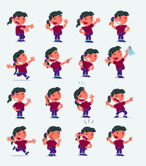 Cartoon character white little girl. Set with different postures, attitudes and poses, doing different activities in isolated vector illustrations

