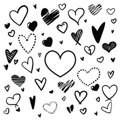 Set of doodle vector hearts. Black hand drawn hearts isolated on white background. Set of hearts for valentine's day.