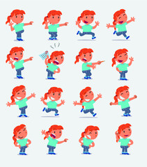 Cartoon character white little girl. Set with different postures, attitudes and poses, doing different activities in isolated vector illustrations
