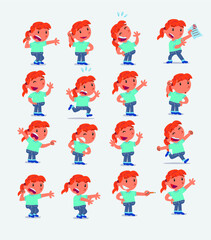 Cartoon character white little girl. Set with different postures, attitudes and poses, doing different activities in isolated vector illustrations