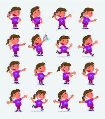 Cartoon character white little girl. Set with different postures, attitudes and poses, doing different activities in isolated vector illustrations