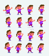 Cartoon character white little girl. Set with different postures, attitudes and poses, doing different activities in isolated vector illustrations