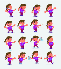 Cartoon character white little girl. Set with different postures, attitudes and poses, doing different activities in isolated vector illustrations