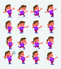 Cartoon character white little girl. Set with different postures, attitudes and poses, doing different activities in isolated vector illustrations