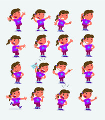 Cartoon character white little girl. Set with different postures, attitudes and poses, doing different activities in isolated vector illustrations